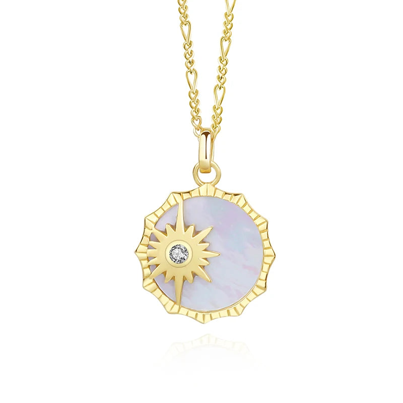 Damila Fashion Jewelry 925 Silver Figaro Chain Necklace Round Charm Sun Mother of Pearl Pendant Necklace for Women