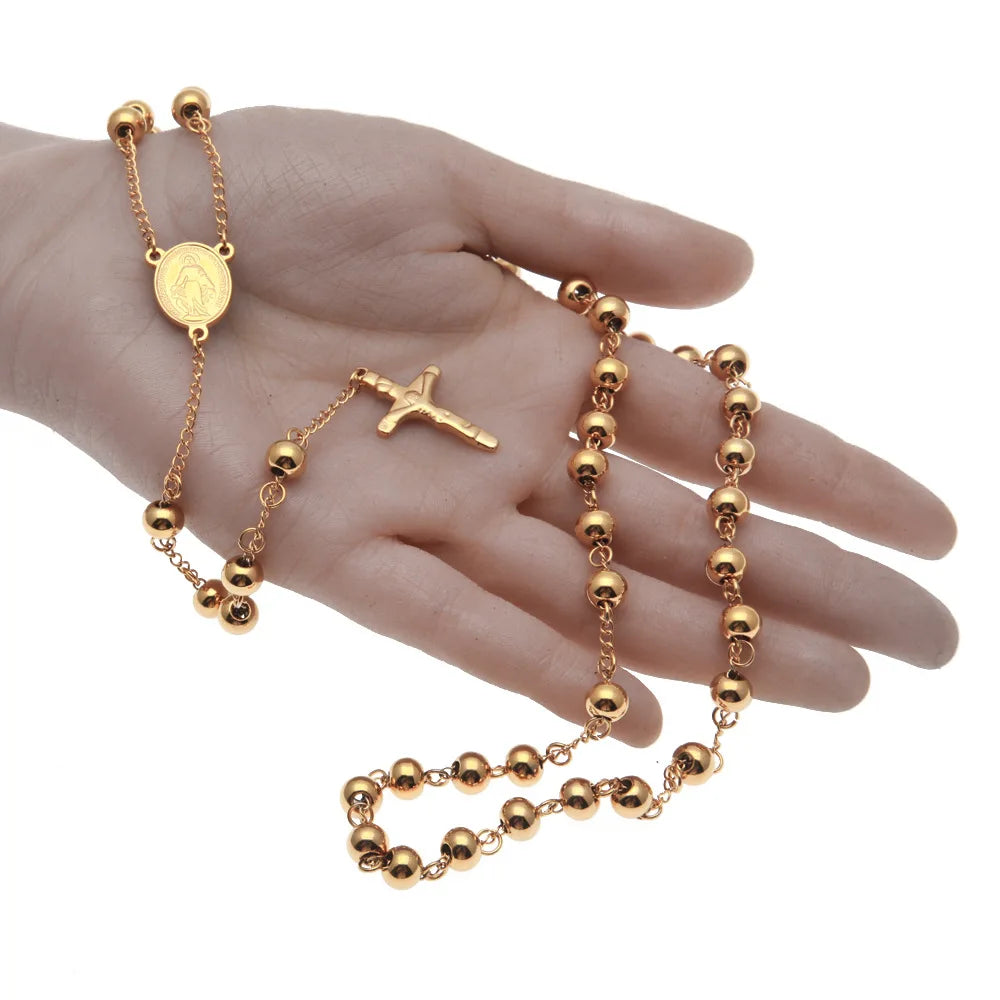 New Arrival Women Men 18k Gold Plated Stainless Steel Rosary Christianity Cross Long Pendent Religion Jewelry Necklace