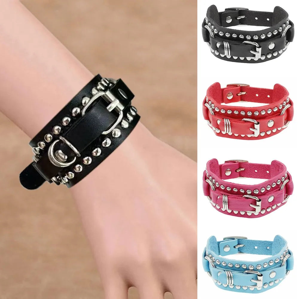PU Leather Cuff Punk Metal Rock Bracelets for Men Women Metal Emo Beads Bracelets Wristbands Adjustable Wrap