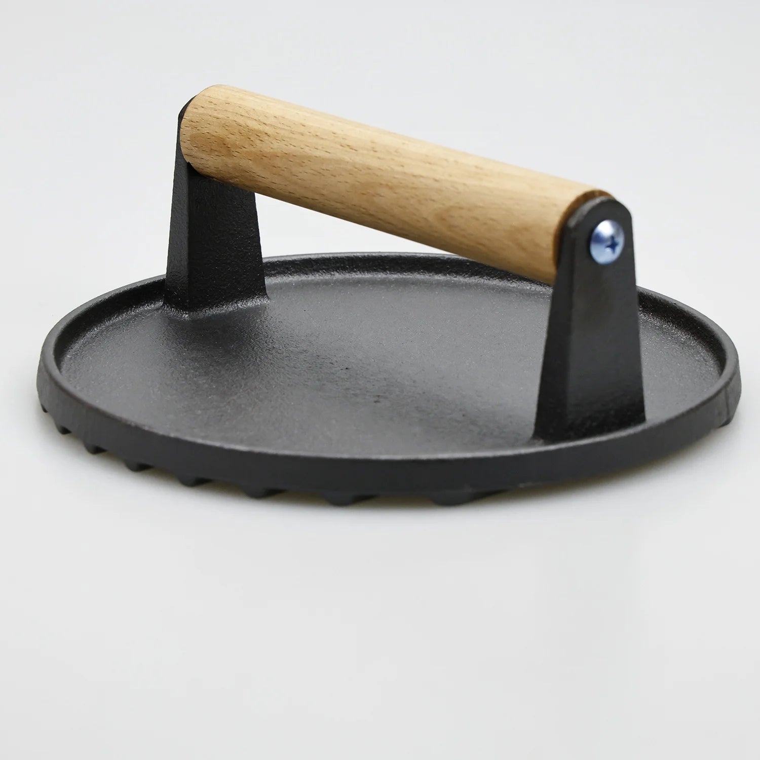 Black Cast Iron Burger Press - 7'' Heavy Duty Grill Burger Bacon Press with Solid Wood Handle