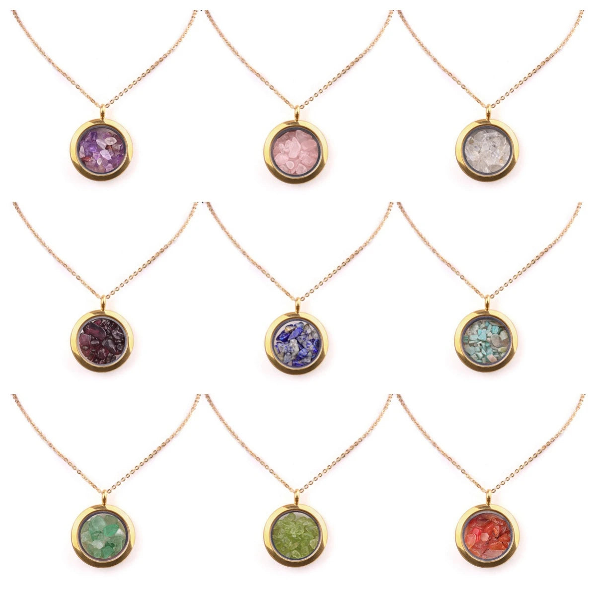 Fashion 25mm Gold Round Stainless Steel Gawu Hold Crushed Stone Box Pendant Necklace Jewelry Charm Customized Necklace DIY Gift