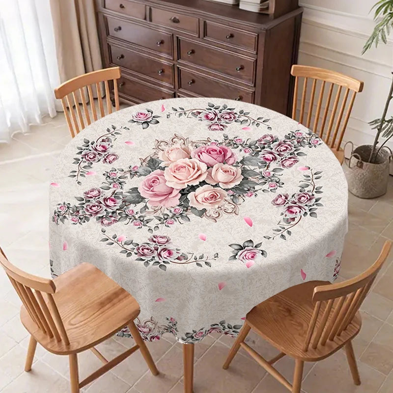 Kitchen for Valentine's Day Elegant Floral Print Polyester Tablecloth in Pink Flowers for Home Decorations and Dining