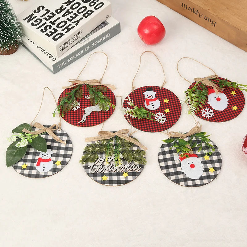Merry Christmas Indoor Outdoor Wall Hanging Sign Plaid Wreath Rustic Wooden Holiday Decorations 15x15cm Festival Wedding