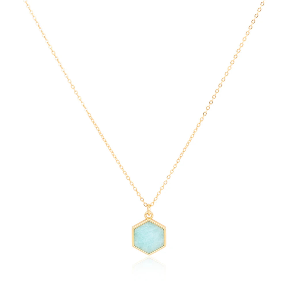 925 Sterling Silver 18K Gold Plating Geometry Gemstone Bezel Setting Hexagon Amazonite Pendant Necklace