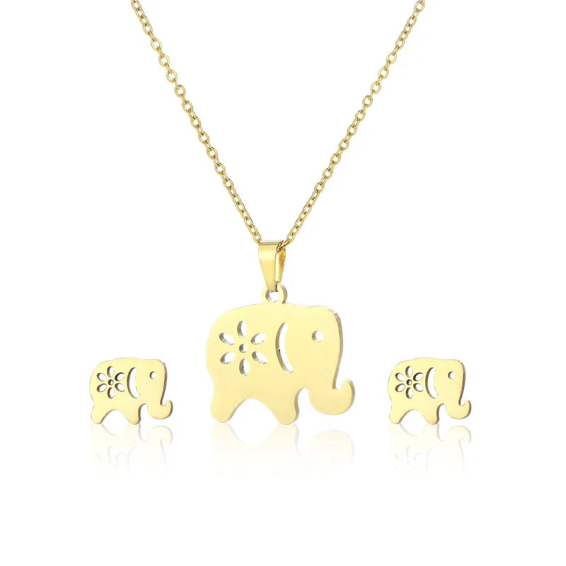 Tiny Fashion Stainless Steel Gold Plated Elephant Pendant Necklace and Earring Jewelry Set Women