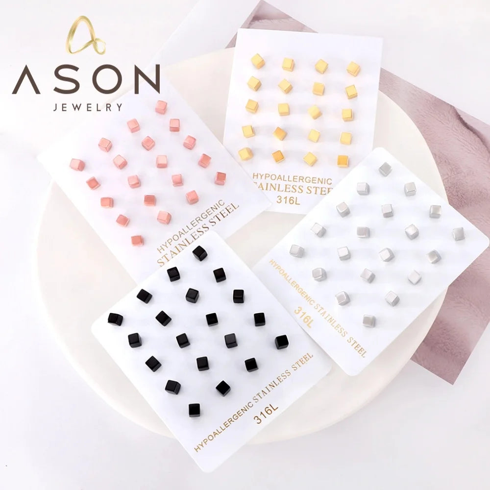 Ason Jewelry Fashion PVD Gold Plated Stud Earrings 4mm-8mm Size Stainless Steel Simple Kids Square Stud Earrings