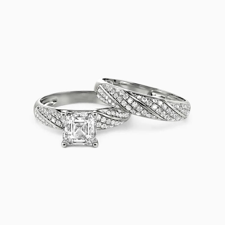 SGARIT Fine Jewelry Asscher Cut VVS Moissanite 14K White Gold 1CT Wedding Ring Set Couple Bridal Set