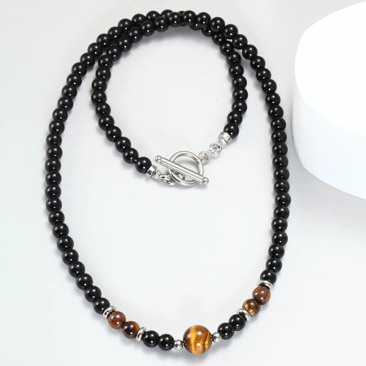 New Wholesale Pretty 18K Gold Plated Jewelry Tiger Eye Black Agate Men Necklace Natural Stone Beaded Necklace for Men Jewelry