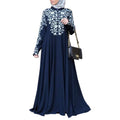 PROMISTAR New Ethnic Style Muslim Women's Clothing Long Sleeves Stand Collar Flower Printing Large Hem Skirt Fashion Abaya