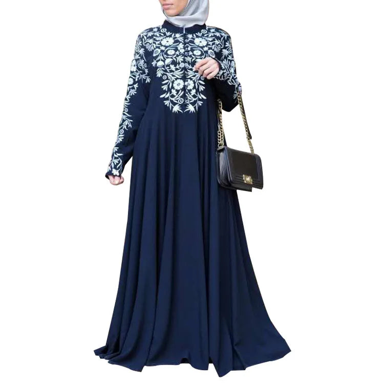 PROMISTAR New Ethnic Style Muslim Women's Clothing Long Sleeves Stand Collar Flower Printing Large Hem Skirt Fashion Abaya