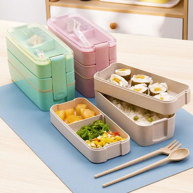 3-In-1 Compartment Plastic Leakproof Bento Lunch Box with Spoon Fork for Meal Prep Food Storage for Kids & Adults