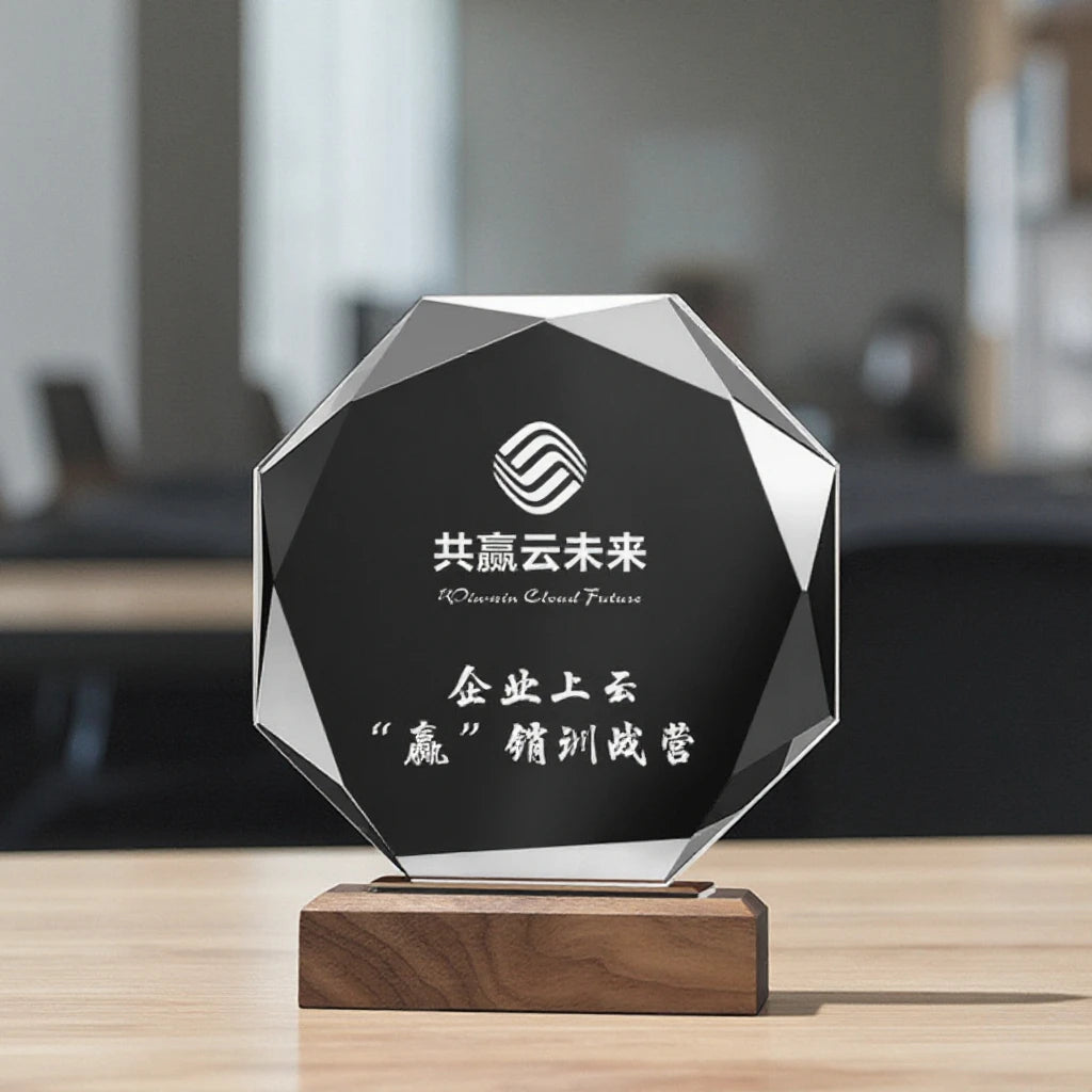 Custom logo Laser Engraving Factory Wholesale Blank Hot Selling Crystal Glass Wooden Trophy Award with Wooden Base