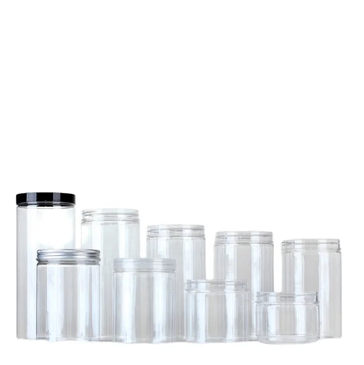 Transparent PET Jars Aluminum Gold/Silver Caps Black/Brown Lids for Chocolate Candy Cake Storage-Custom Sizes Logo Available