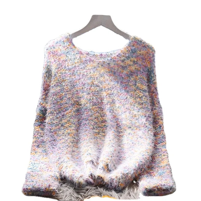 Women's Autumn and Winter New Korean Version Versatile Long Sleeved Loose Knit Top Hollowed Out Color Pullover Sweater