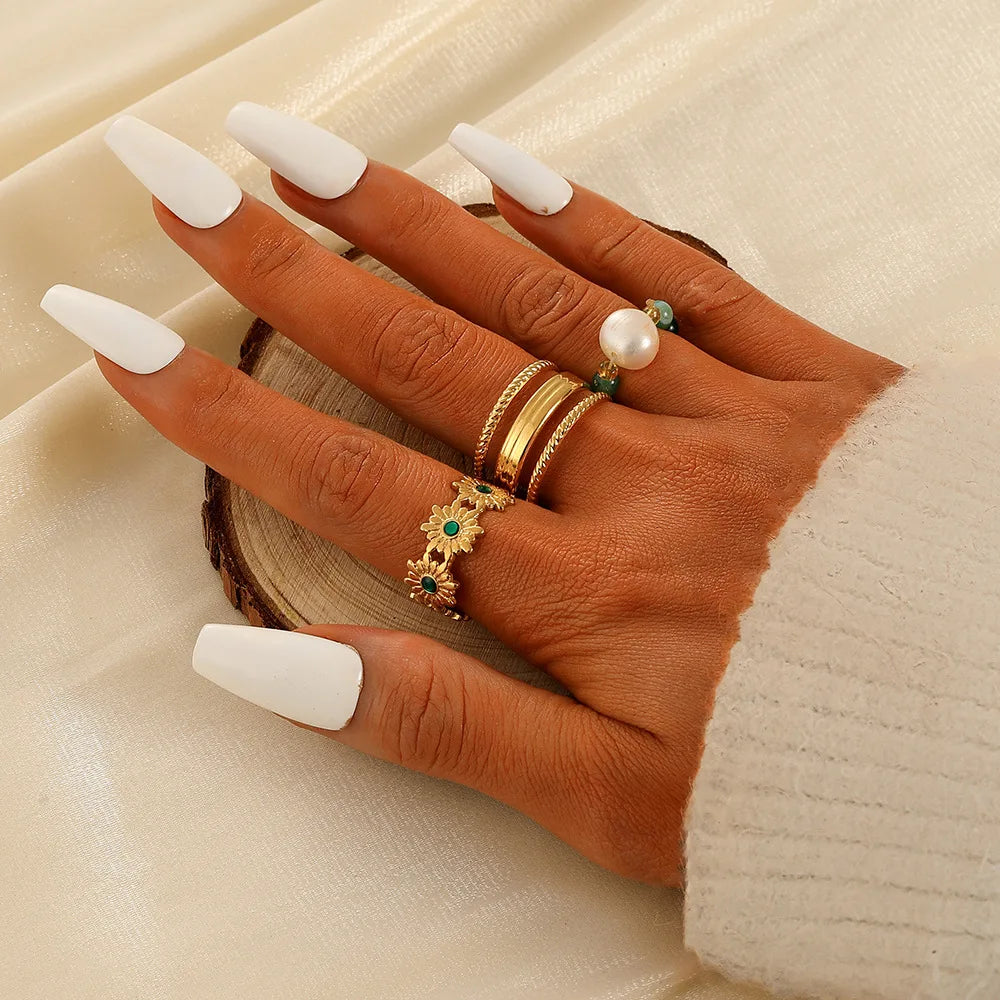 Beimai OEM Ring Flower Beads Pearl Oil Drop Small Flower Stainless Steel Three-piece Ring Set