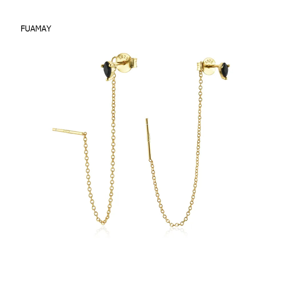 FUAMAY Gold Plated Single Black CZ Threader Earrings Marquise Cut Studs Long Chain Piercing Pendants for Anniversary Gifts