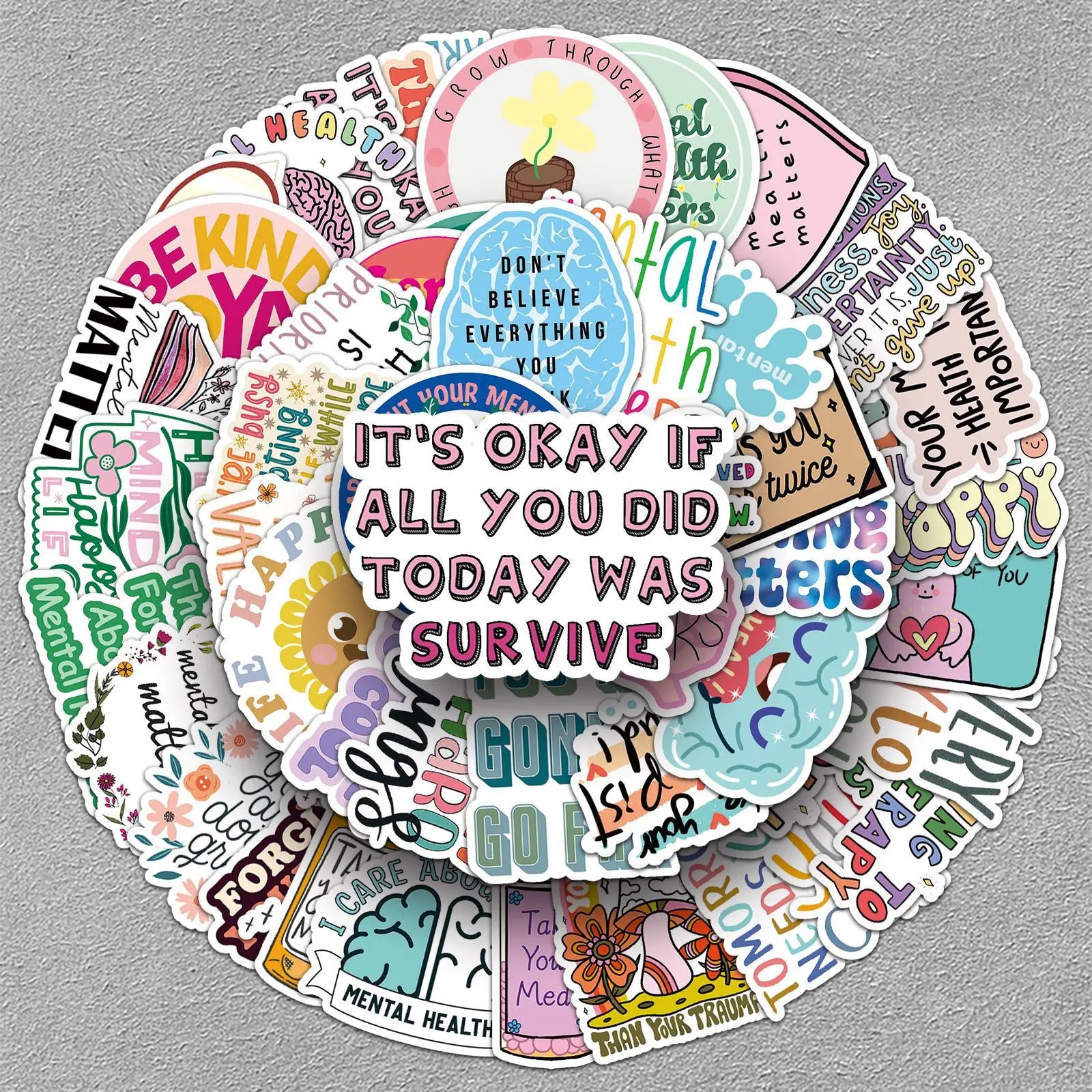 50 Pcs Positive Energy Mental Health English Inspirational Text PVC Waaterproof Stickers for Skateboardslaptopscups and Books