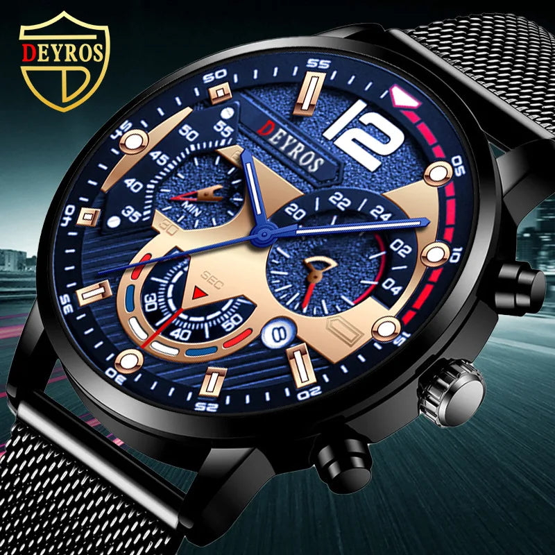 New Top Fashion Mens Watches Stainless Steel Mesh Belt Quartz Watch for Men Business Calendar Luminous Clock Bracelet Watches