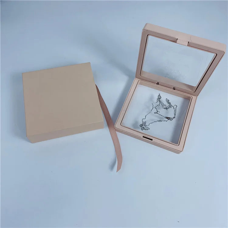 Recyclable Bracelet Pink Kraft Paper Gift Jewelry Box PE Film Suspension Packaging Display Frame Case Cardboard Drawer Box 9x9