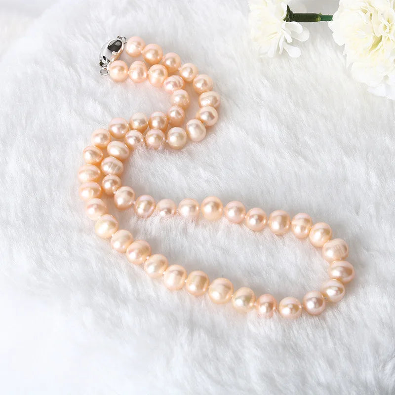 Vintage Size 8-9mm Round High Quality Genuine Freshwater Pearl Stainless Steel Chain Necklace Jewelry
