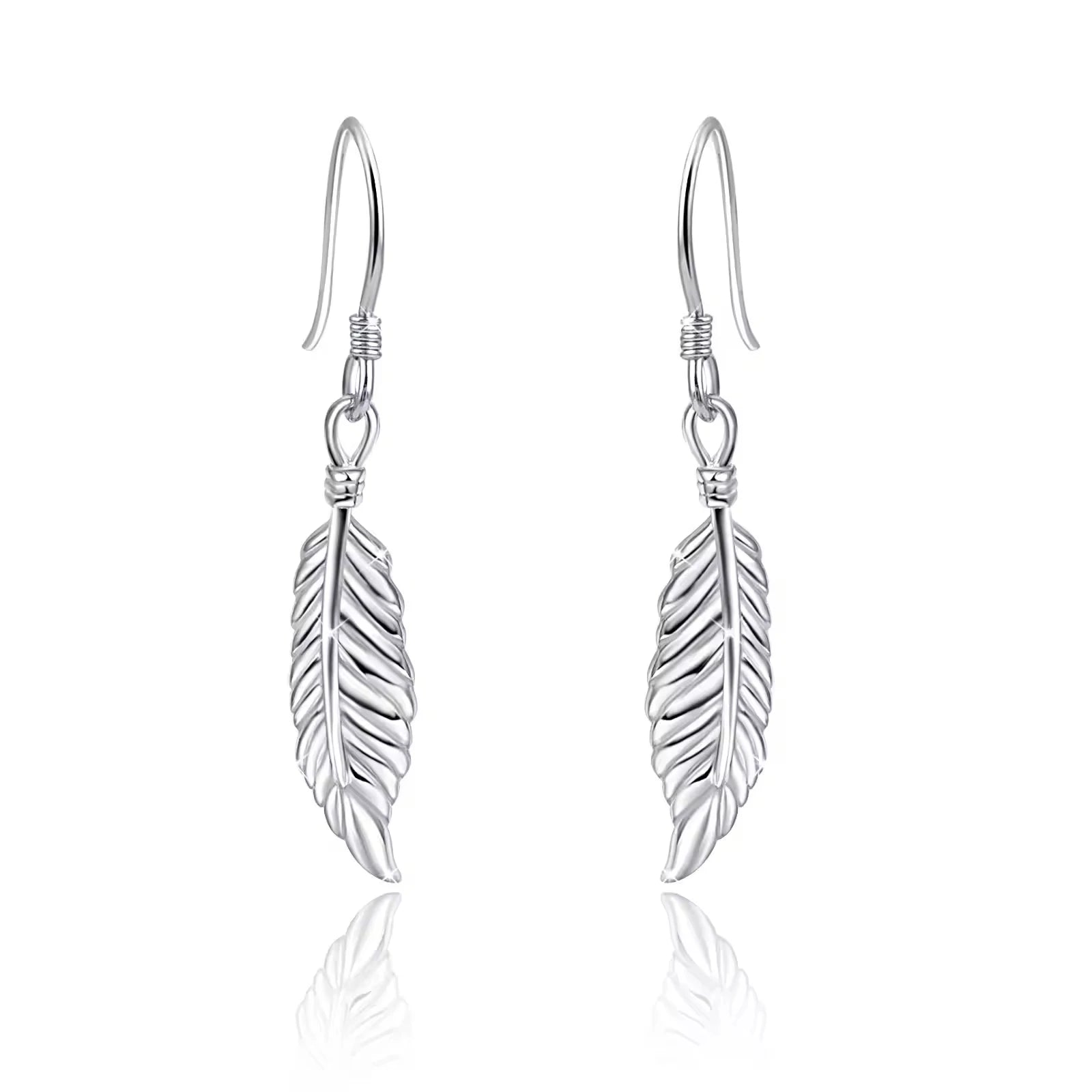 Fashion Jewelry 925 Sterling Silver Fishhook Feather Dangle Drop Hook Earrings for Women