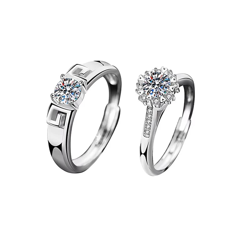 XJA013 Light Luxury 925 Sterling Silver Moissanite Ring Adjustable Opening Couple Engagement Wedding Ring Gift
