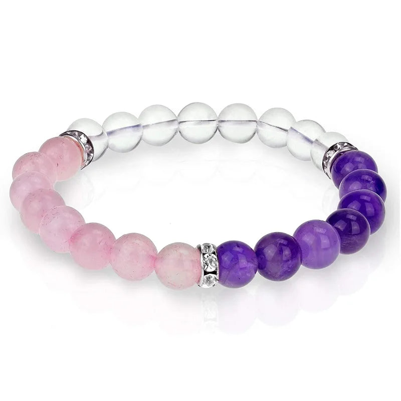 8mm Natural Clear Quartz Rose Amethyst & Qusrtz Stone Silver Rhinestone Spacer Beads for Stretch Bracelet for Gift
