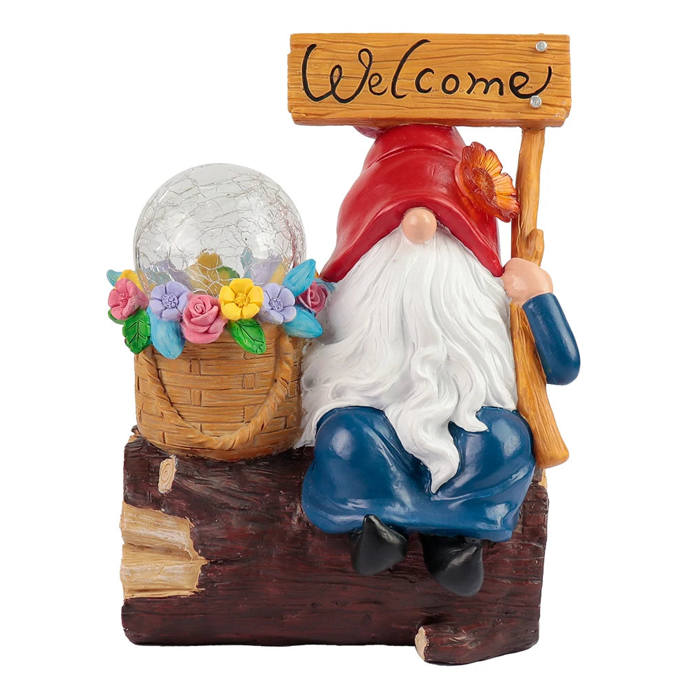 Solar Powered Welcome Gnome Resin Statue Garden Decor Outdoor Lawn Ornament with Wooden Sign Festive Gift for Yard