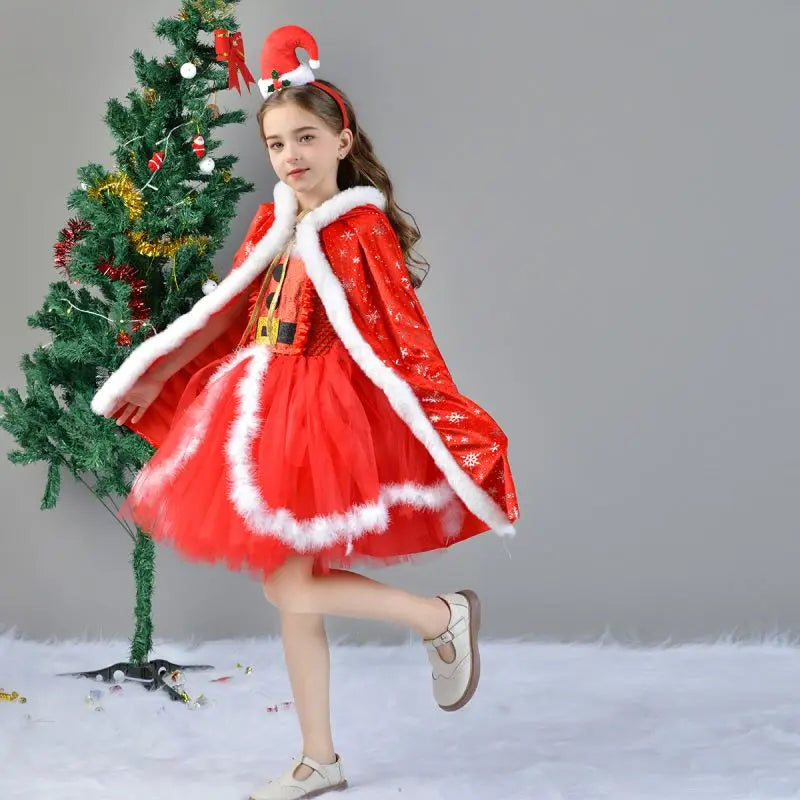 2026 New Design Child Girls Cape Costume Set Santa Claus Red Clothing Holiday Christmas Tutu Dress With Headband