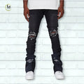 HuiLi Men's Stack Flare Denim Pants Factory Wholesale Slim Fit Black Ripped Jeans Custom Stacked Jeans
