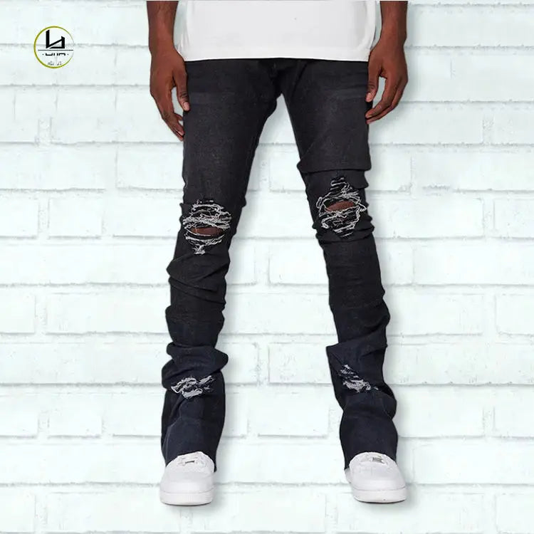 HuiLi Men's Stack Flare Denim Pants Factory Wholesale Slim Fit Black Ripped Jeans Custom Stacked Jeans