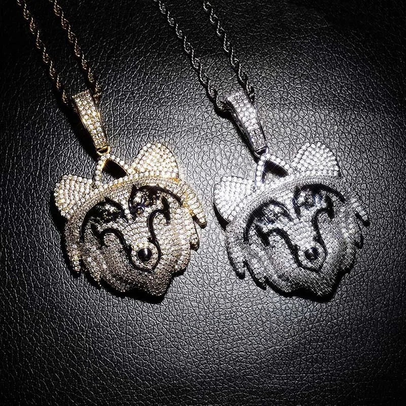 Animal Wolf Pendant Necklace Gold Plated Silver Color Lab Created Zircon Mens Hip Hop Jewelry Gift
