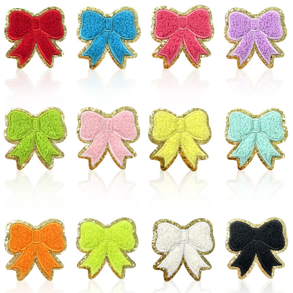 Wholesale Cute 6CM Small Chenille Embroidery Bow Iron on Patch Gold Glitter Bow Patch Backpacks for Jackets Kids Clothes DIY