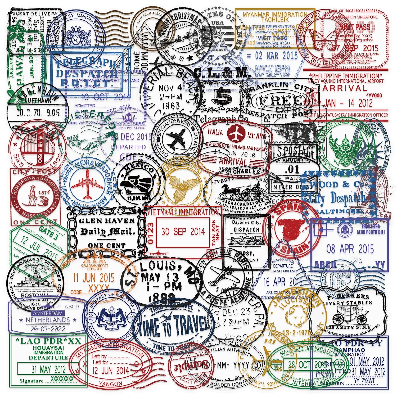 60Pcs Transparent Retro Postmark Graffiti Stickers for Luggage Suitcase Decor World Travel Stamp Sealing Sticker