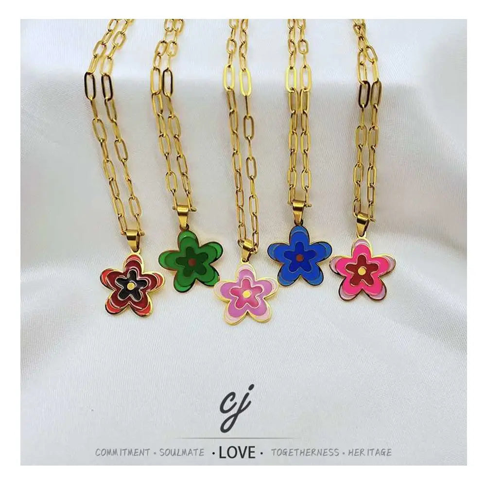 Carline Flower Luxury Fashion Fine Jewelry Wholesale Stainless Steel Minimalist Gold Plated Pendant Enamel Charm Necklace