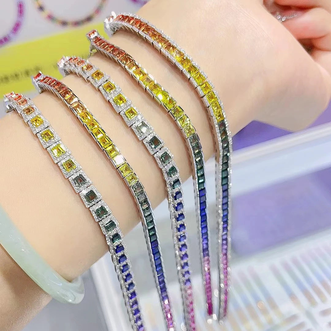 New Arrival Rainbow Sapphire Moissanite Shining Bracelet 9K Gold Color Handmade Knitting Gift for Christmas