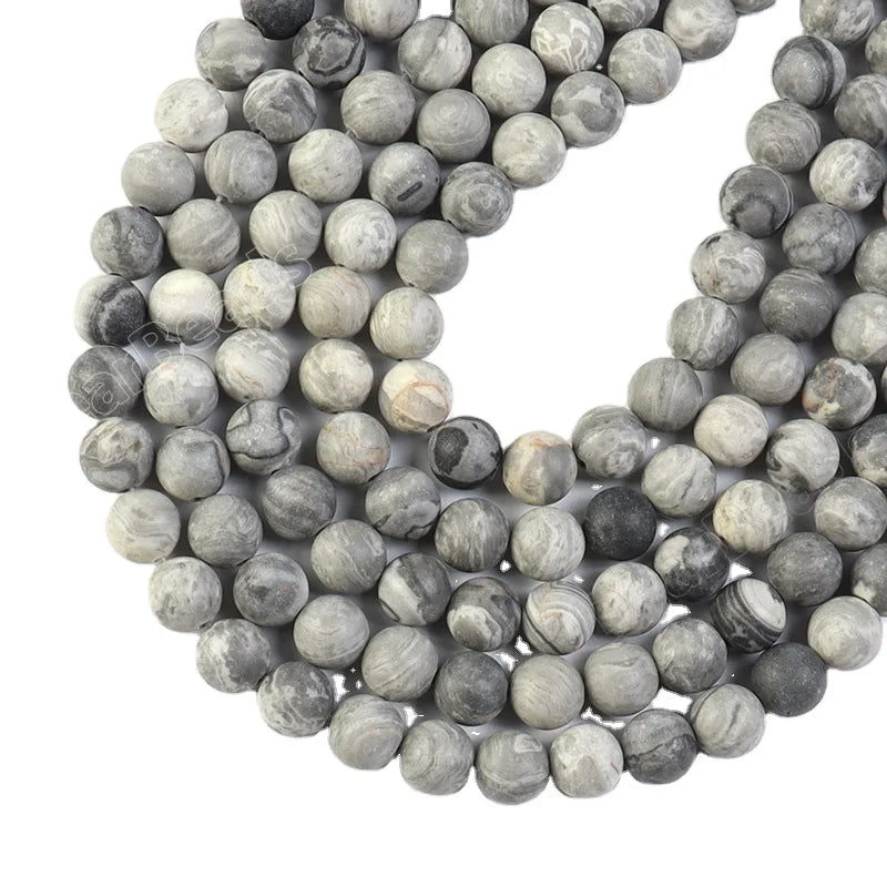 Frosted Grey Map Stone Beads Gray Picasso Jasper Silver Lace Agate Loose Gemstone Bead Strand for Man Jewelry Making