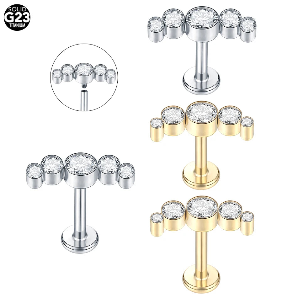 Internally Threaded ASTM F136 Titanium Lip Studs Labret Rings CZ Ear Stud Body Piercing Jewelry for Ear Cartilage