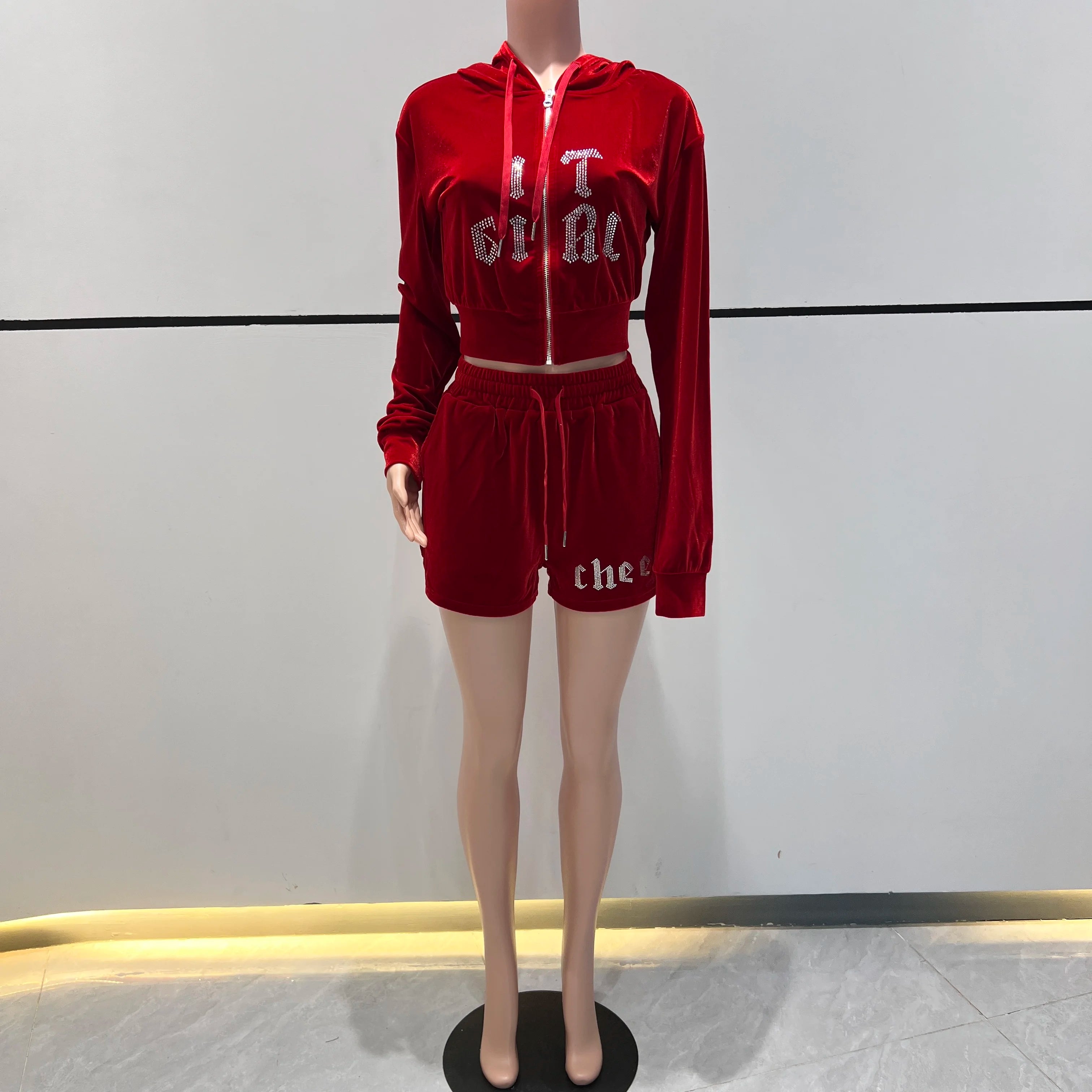 Women's Casual Custom Velour Tracksuit Rhinestone Embroidery Logo Solid Color Zip Hoodie Shorts Sweatpants Waterproof Velvet