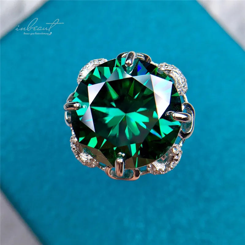Silver 925 Original 10 Carat Brilliant Cut Diamond Test Past Green Moissanite Romantic Rose Wedding Ring Women Gift Fine Jewelry