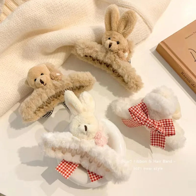 Wholesale Japan and Korean Style Plush Cute Bear Faux Fur Hair Claw Clips Furry Rabbit Hair Accessories for Girls