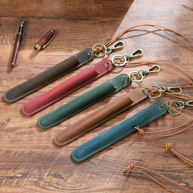Portable Gift Quality Pen Sleeve Bag Lanyard Real Cowhide Leather Pencil case Mini Pen Pouch Bags
