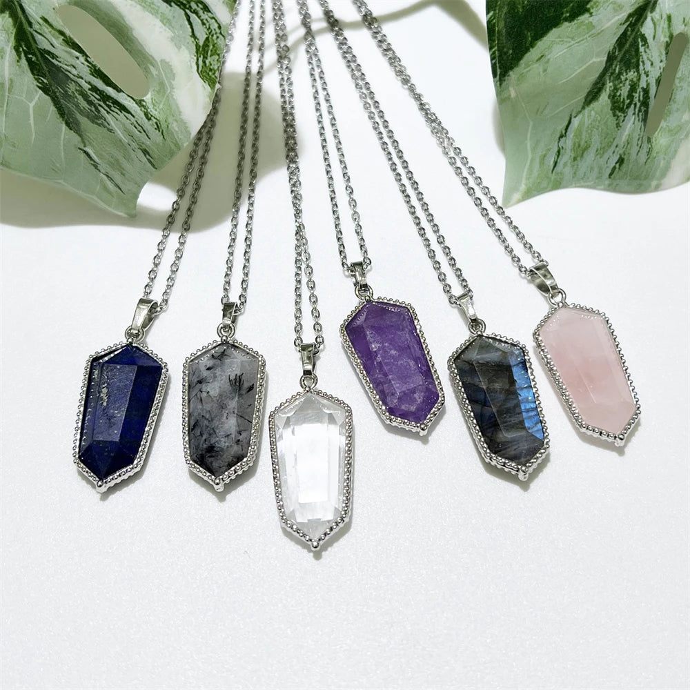 New Designs Women Fashion Jewelry Geometric Gemstone Amethyst Pendant Labradorite Bezel Hexagon Charm Silver Gold for Necklaces