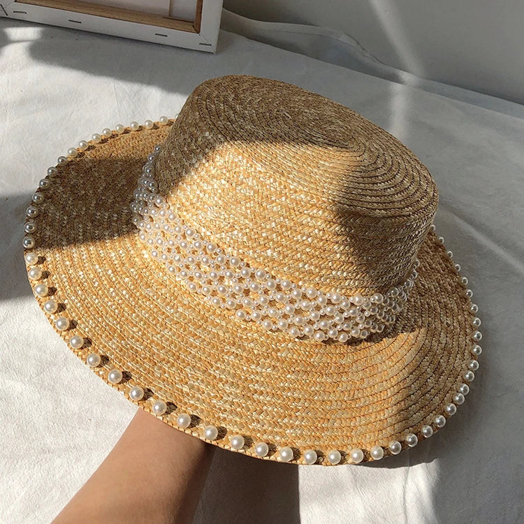 Straw Hepburn Hat Fashion Sun Visor Hat Celebrity Style Flat Top Pearl Hat