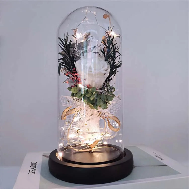 Wholesale Elegant Preserved Flower Bouquet with LED Light Eternal Rose in Glass Dome and Wooden Base for Valentine's Day Gift