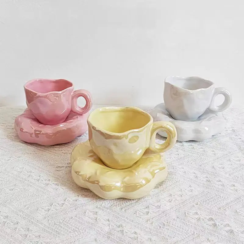 Ins Korea Hot Selling Hand Pinched Electroplating Cream Ceramic Mug and Saucer Set Creative Donut Light Luxury Afternoon Tea Cup