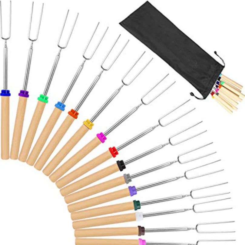 Outdoor BBQ Stainless Steel Telescopic Roasting Sticks Fork Hot Dog Fork Wooden Handle BBQ Skewers Telescopic U-Shape BBQ Fork