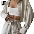 Clearance Sales Custom Logo Casual Women Suits Long Sleeve Button Shirts High Waist Drawstring Loose Trousers Set