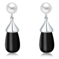 Vintage Minimalist Platinum Plated Synthetic Pearl Drop Black Onyx Personalized Earrings