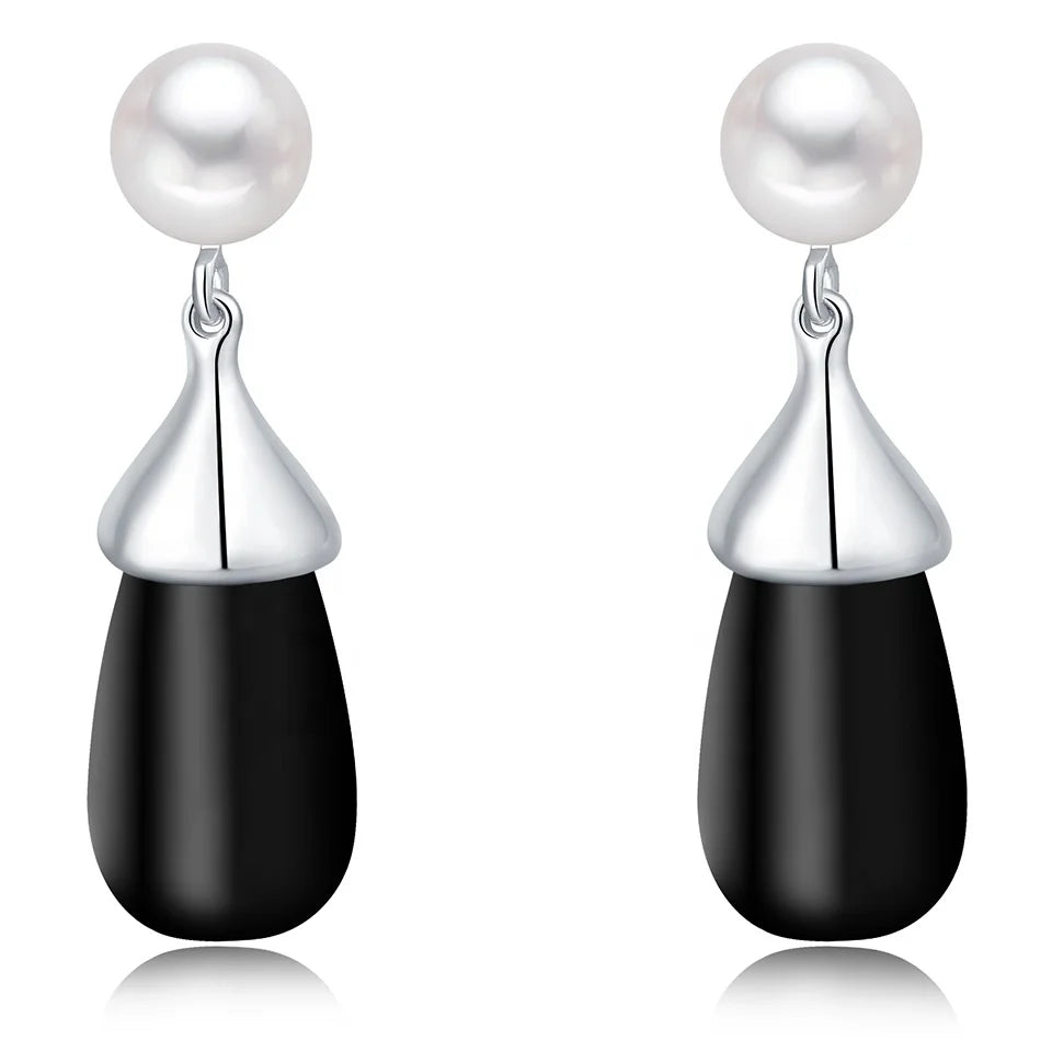 Vintage Minimalist Platinum Plated Synthetic Pearl Drop Black Onyx Personalized Earrings